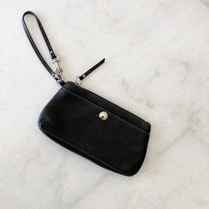 Coach black leather wristlet / clutch bag. Silver trim, snap button detail